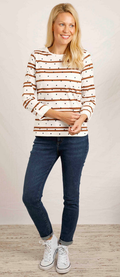 A women's long sleeve Billie t-shirt from Weird Fish in light cream with a stripe and dot pattern, made from a 100% organic cotton fabric with a crew neckline and roll up sleeves.