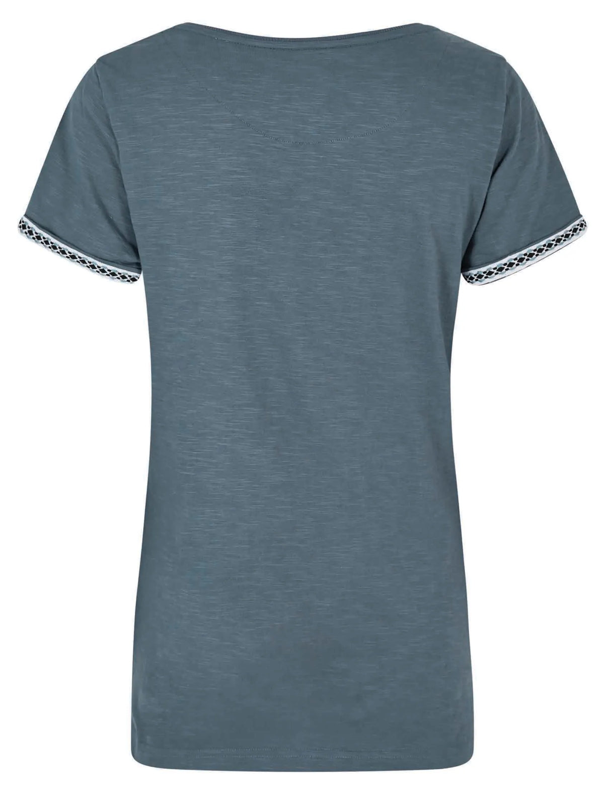 Women's short sleeve crew neck Teya t-shirt from Weird Fish in China Blue with embroidered sleeve decoration.