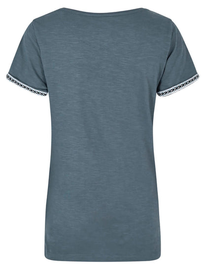 Women's short sleeve crew neck Teya t-shirt from Weird Fish in China Blue with embroidered sleeve decoration.