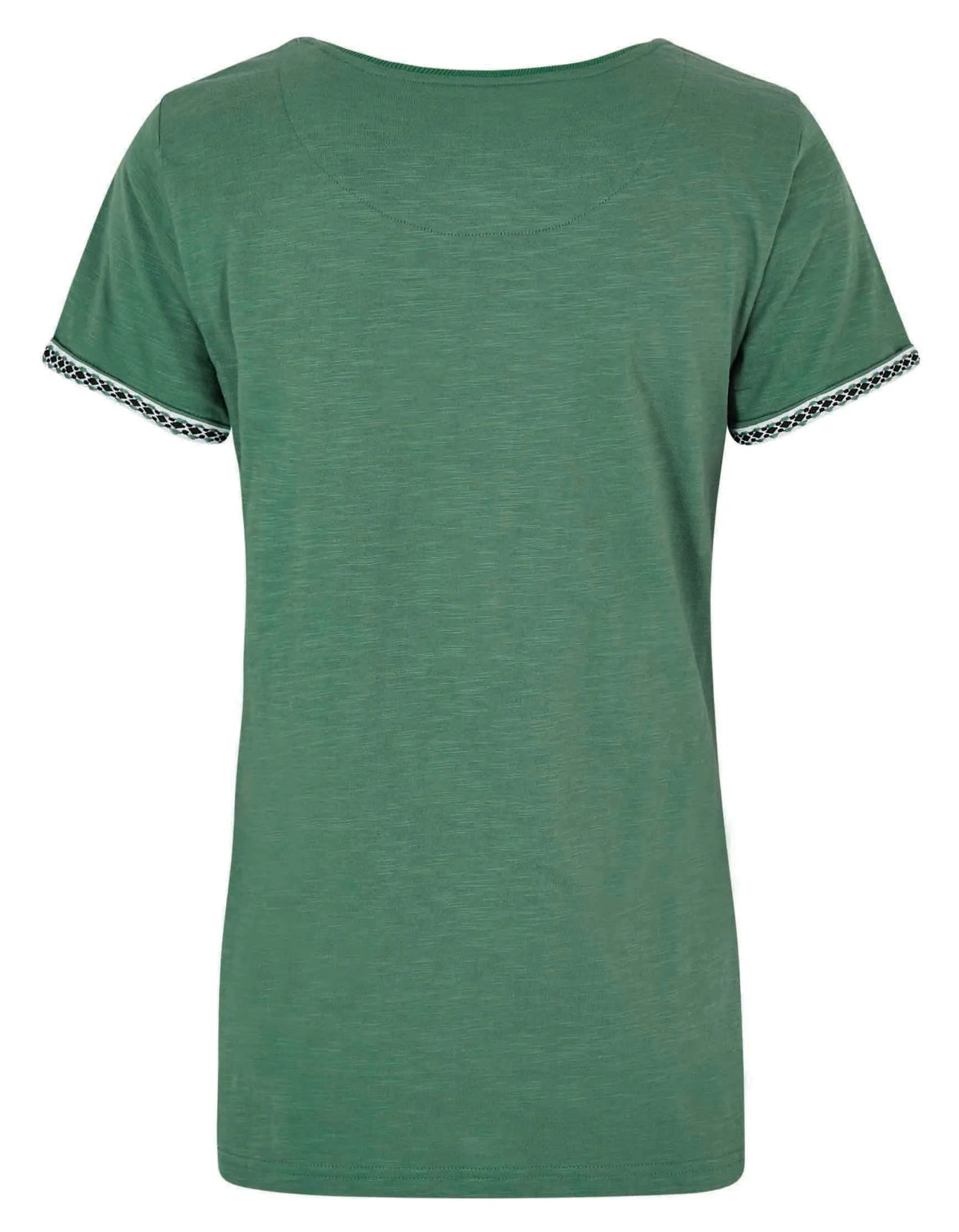 Women's short sleeve crew neck Teya t-shirt from Weird Fish in Dark Jade with embroidered sleeve decoration.