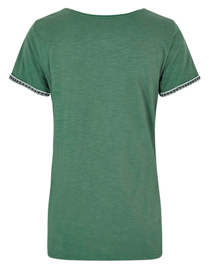 Women's short sleeve crew neck Teya t-shirt from Weird Fish in Dark Jade with embroidered sleeve decoration.