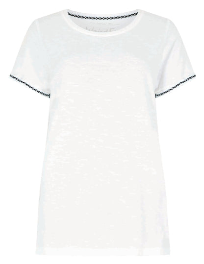 Women's short sleeve crew neck Teya t-shirt from Weird Fish in White with embroidered sleeve decoration.
