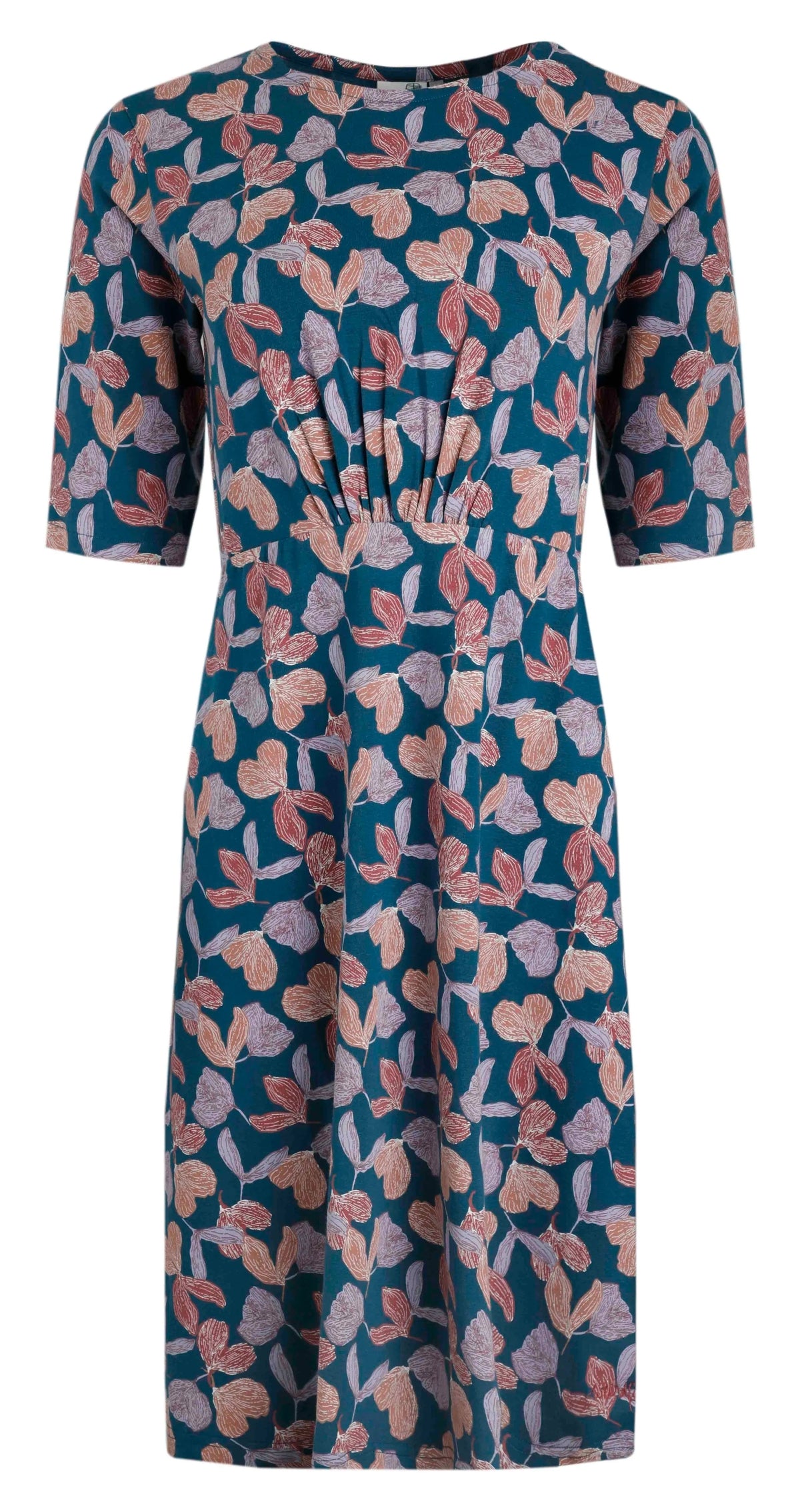 Women's Cassandra swing jersey dress from Weird Fish in Deep Sea Blue with a floral pattern, half length sleeves and gathered fabric at the empire line.