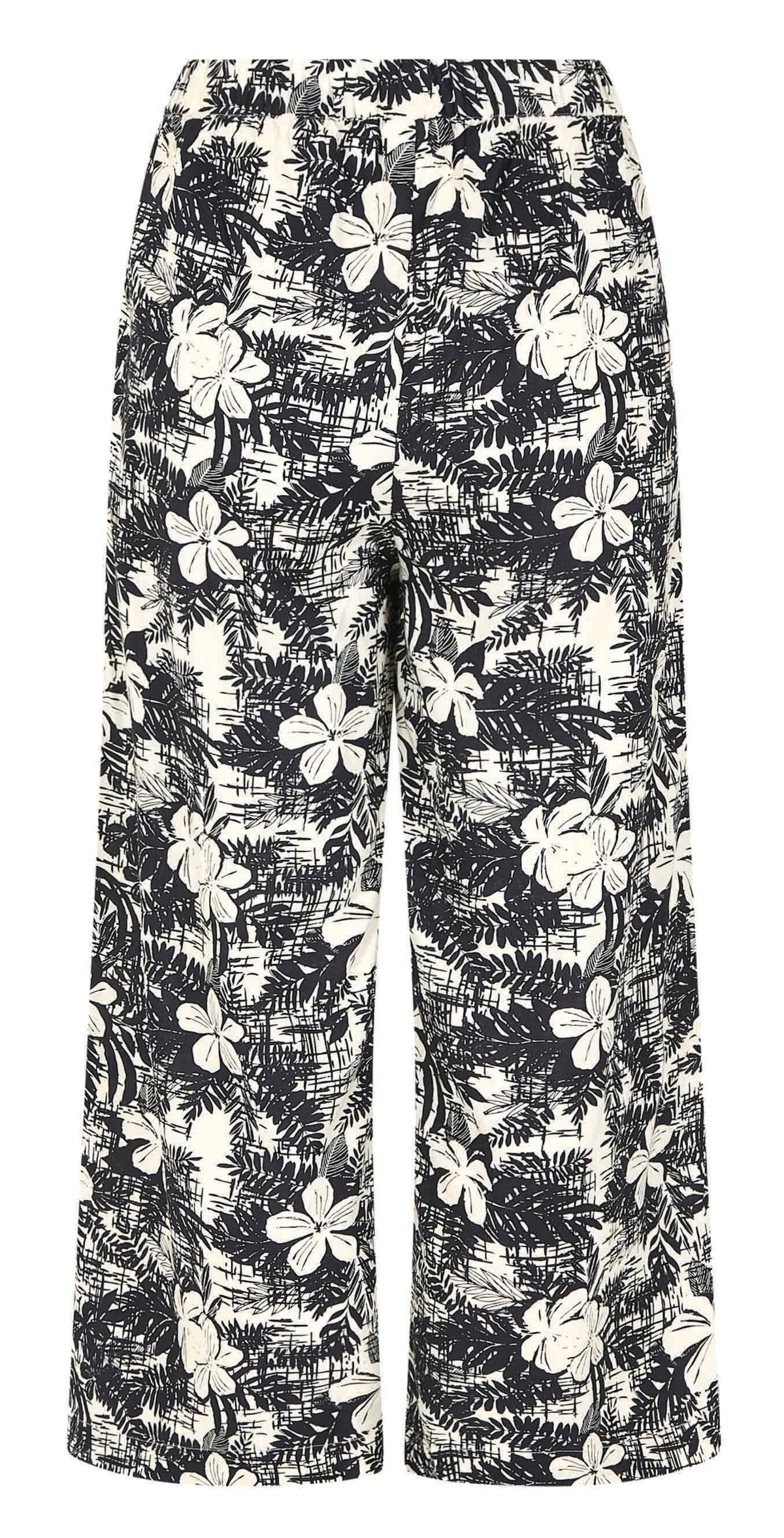 Weird Fish women's wide leg cropped Tresco trousers in Dark Denim Blue with a white floral pattern.
