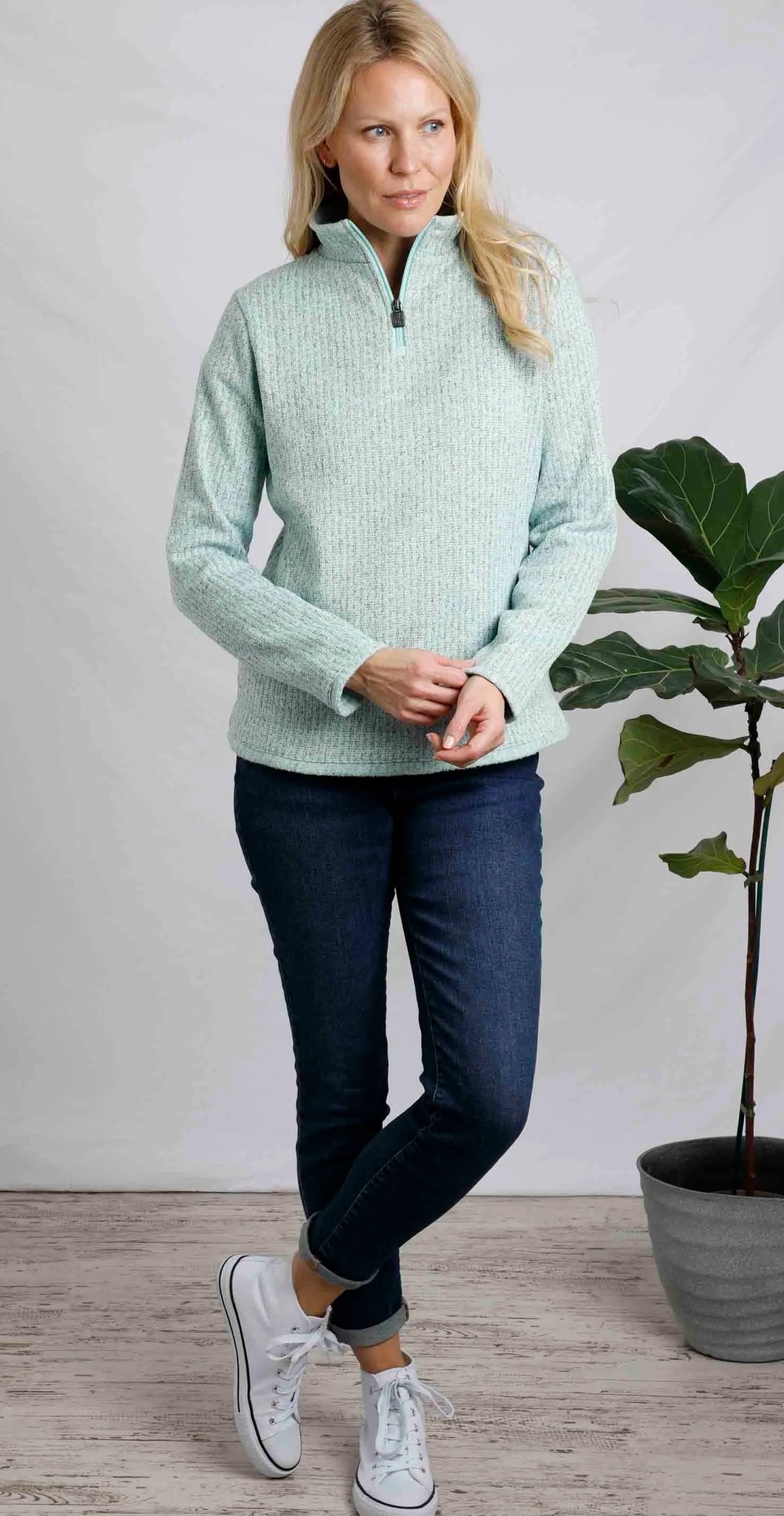 Mint green women's zip neck textured fleece Omila top from Weird Fish.