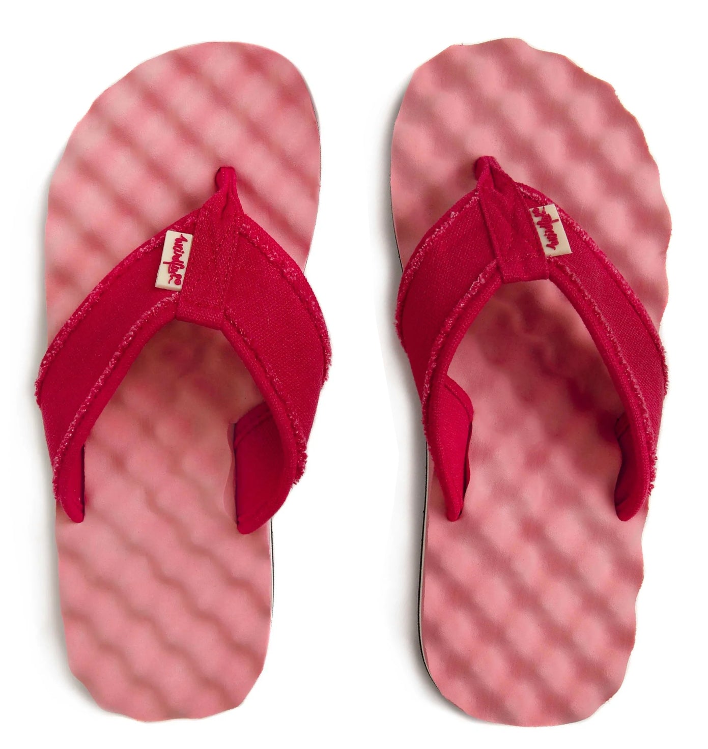 Women's Cayman flip flops from Weird Fish in Hot Pink with a Red fabric strap with frayed trim.