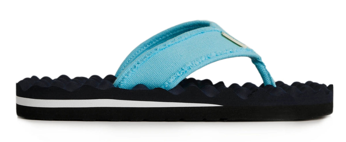 Weird Fish women's fabric strap Cayman flip flops with a Navy waffle textured footbed and Blue fabric strap.