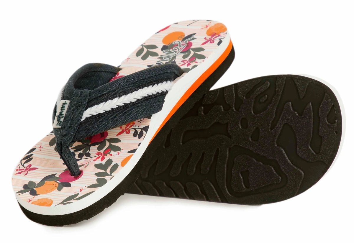 Women's Salcombe flip flops from Weird Fish with a Cantaloupe fruit print pattern footbed.