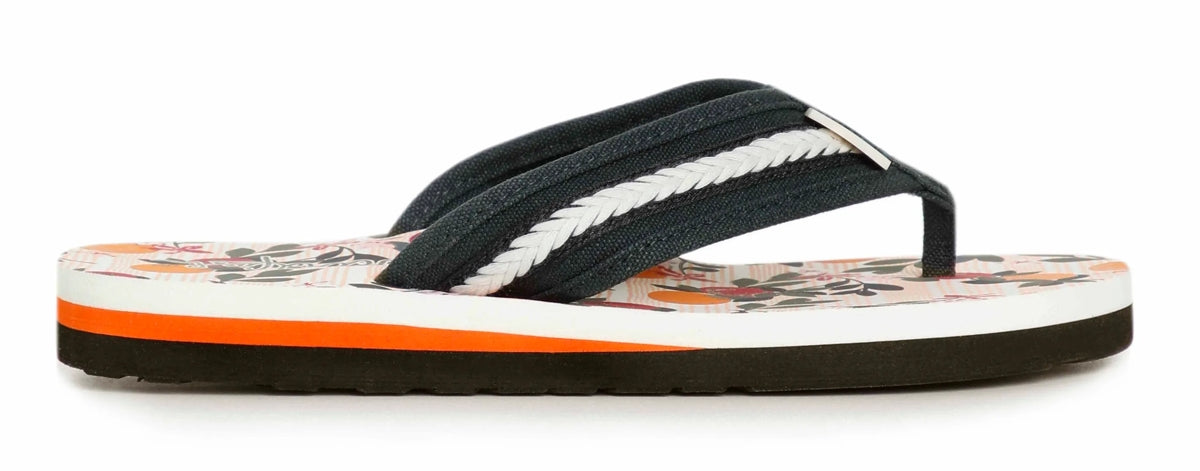 Weird Fish women's fabric strap Salcombe flip flops with a Cantaloupe fruit print footbed and braided strap detail.