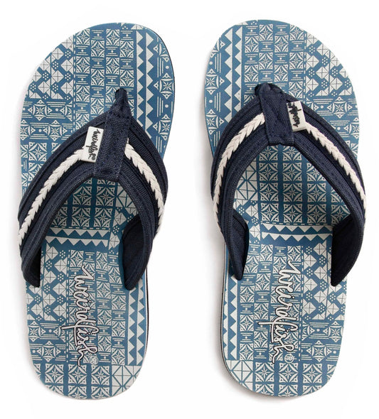 Weird Fish women's Salcombe printed sole flip flops in China Blue.