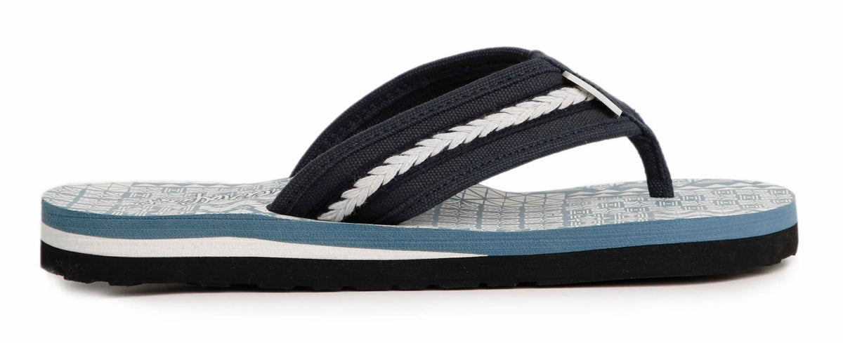 Weird Fish women's fabric strap Salcombe flip flops with a China Blue tile style printed footbed and braided strap detail.