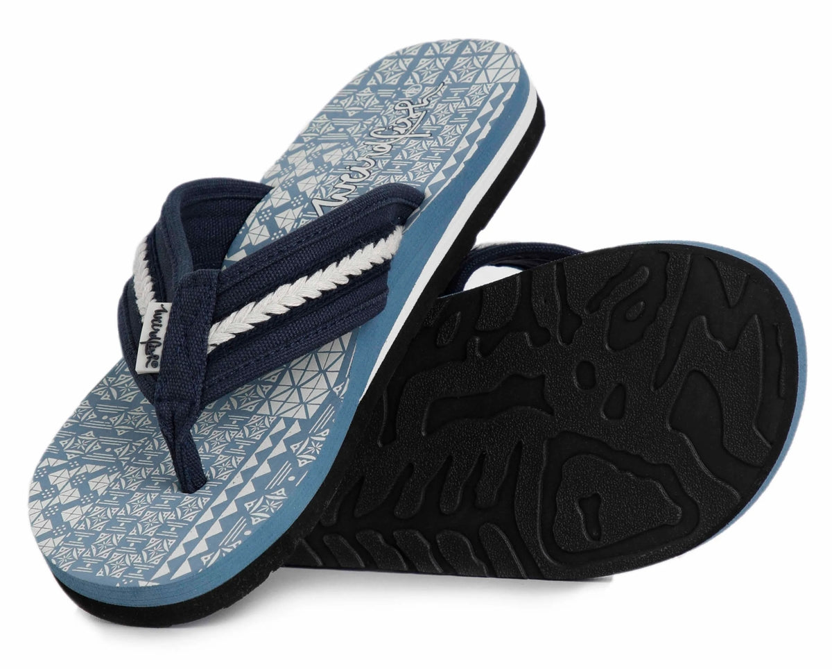 Women's Salcombe flip flops from Weird Fish with a China Blue tile print pattern footbed.