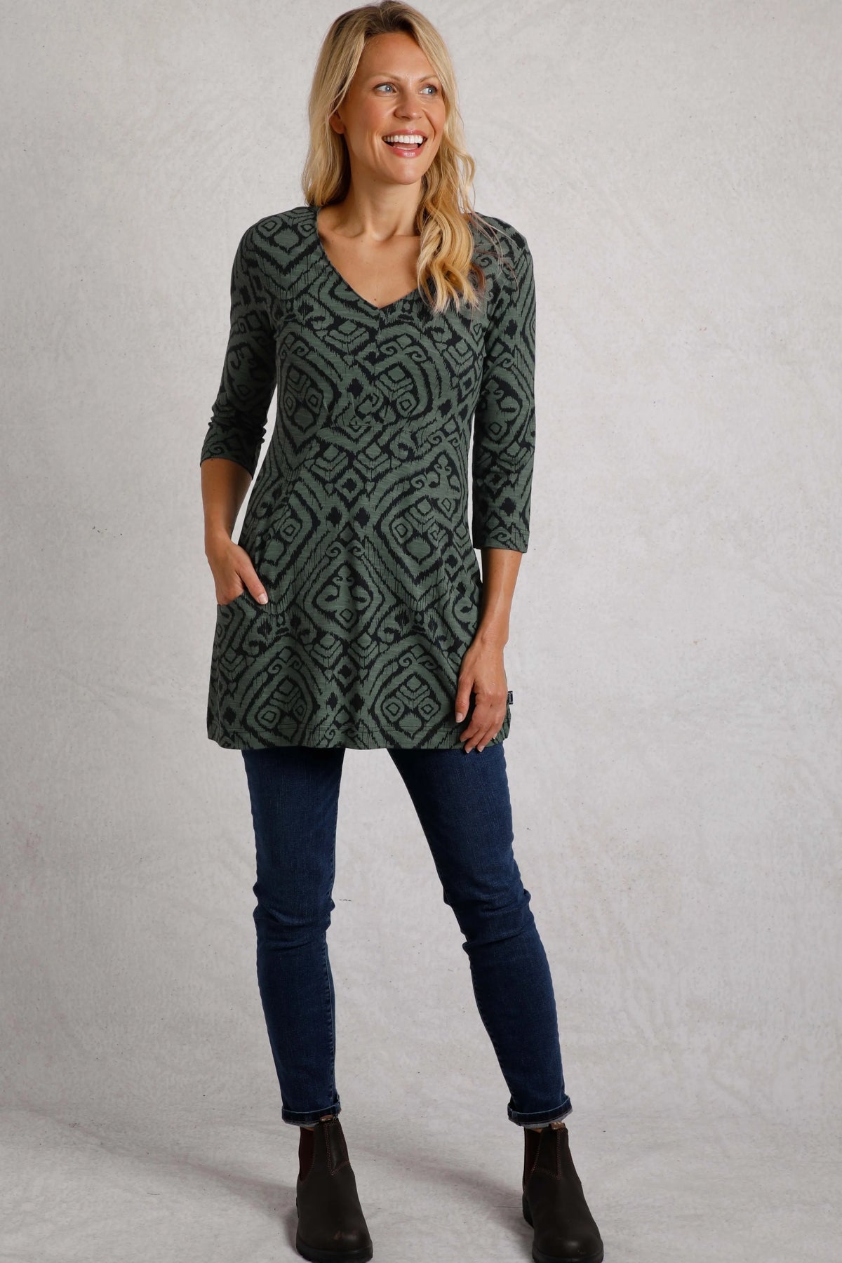 Weird Fish Womens Arielle Printed Jersey 3/4 Sleeve Tunic - Army Green
