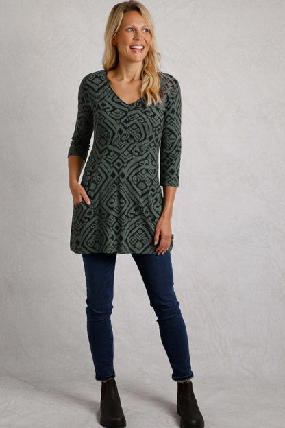Weird Fish Womens Arielle Printed Jersey 3/4 Sleeve Tunic - Army Green