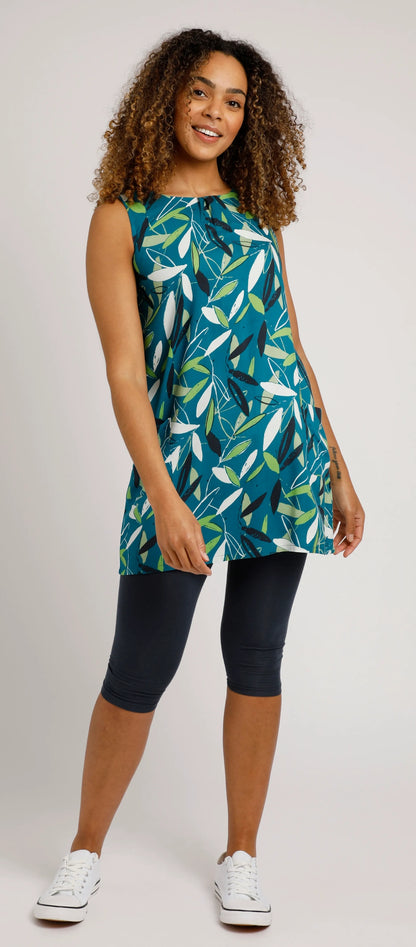 Weird Fish Juhi sleeveless women's tunic in Deep Sea Blue with a floral leaf print. 
