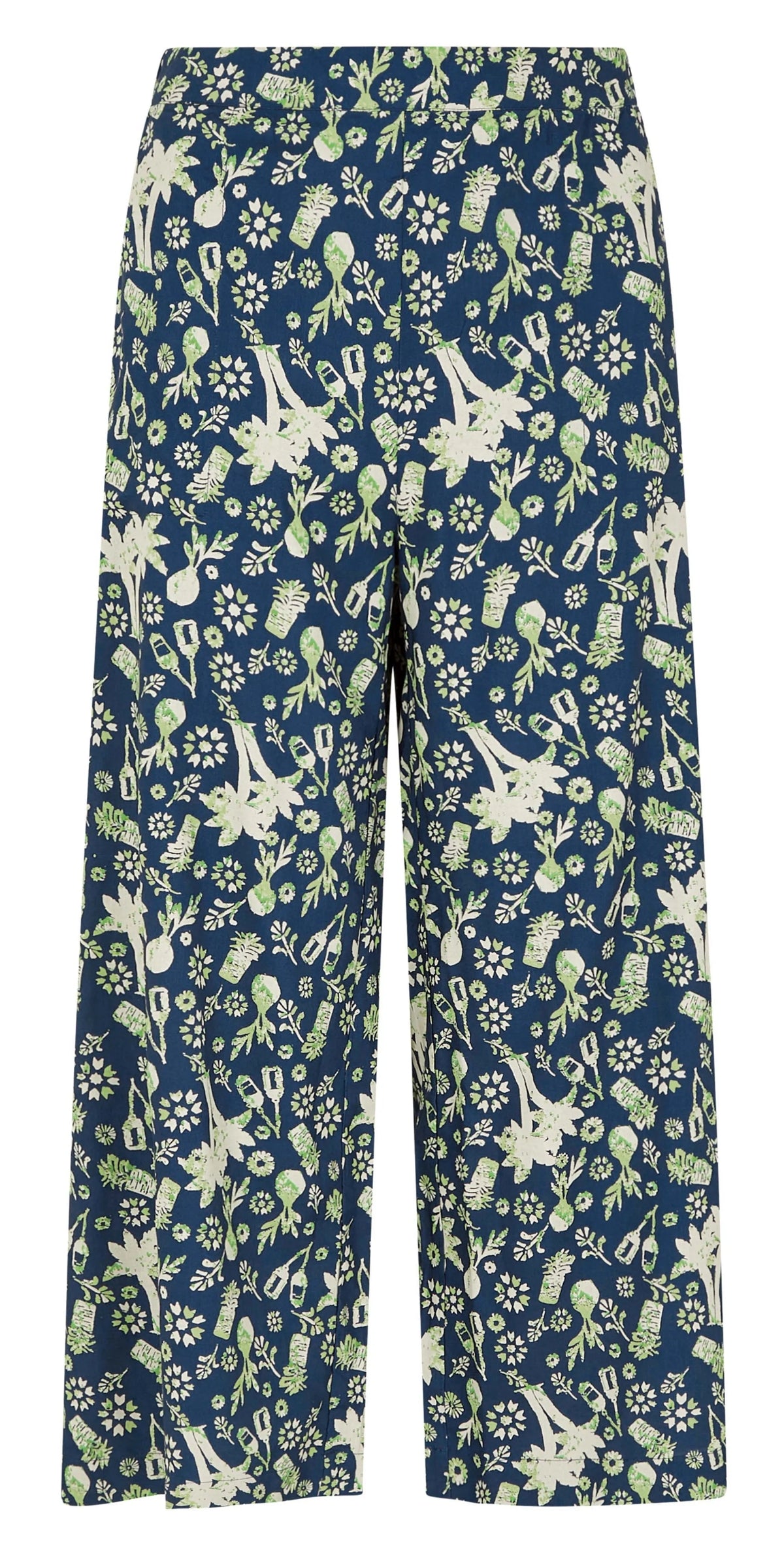 Weird Fish women's Tresco cropped lightweight viscose trousers in blue with a tropical style print.