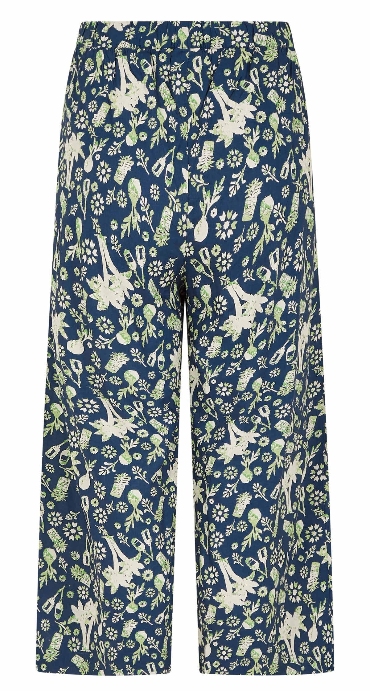 Women's Weird Fish elasticated waist viscose cropped trousers in blue with a tropical print.