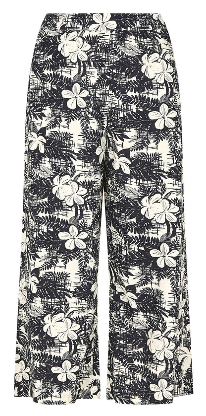 Weird Fish women's wide leg cropped Tresco trousers in Dark Denim Blue with a white floral pattern and elasticated waist.