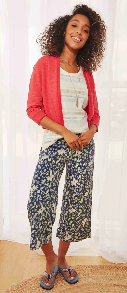 Weird Fish women's Tresco viscose wide leg cropped trousers in Ensign Blue with tropical print.