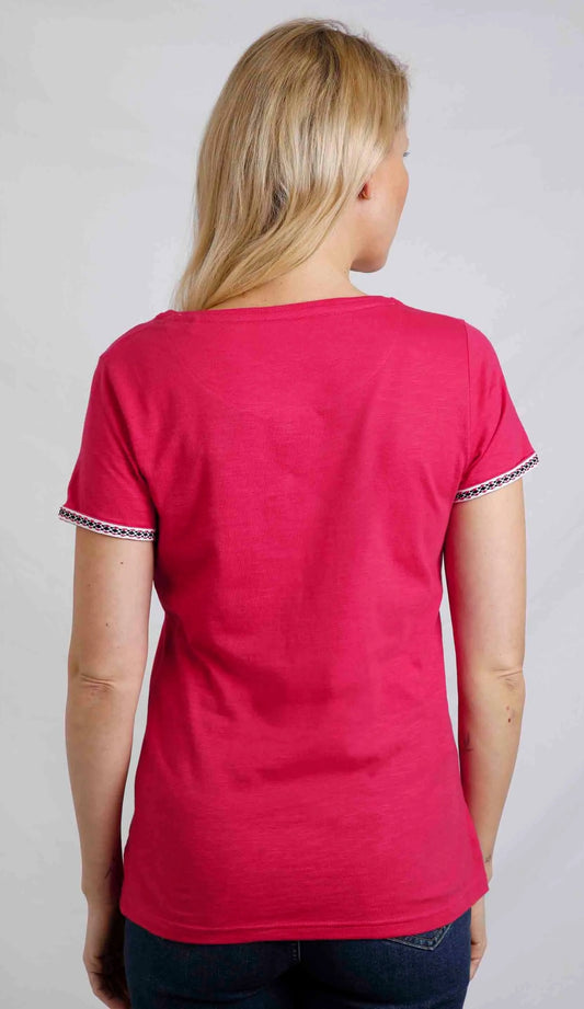 Weird Fish womens Teya t-shirt in Hot Pink shown from back on model with patterned sleeve trim