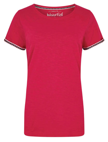 Weird Fish womens Teya t-shirt in Hot Pink. short sleeve crew neck with patterned contrast trim on sleeves and neckline