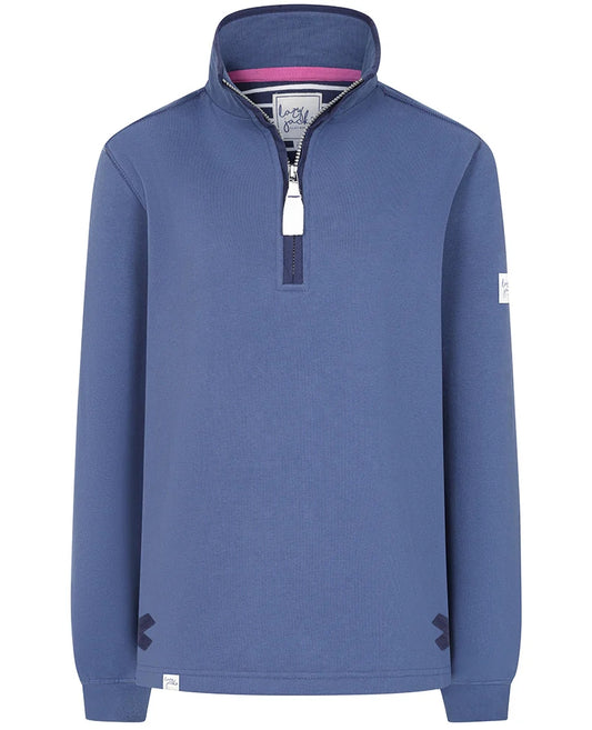 Lazy Jacks women's Porthleven print sweatshirt in navy blue with quarter-zip design