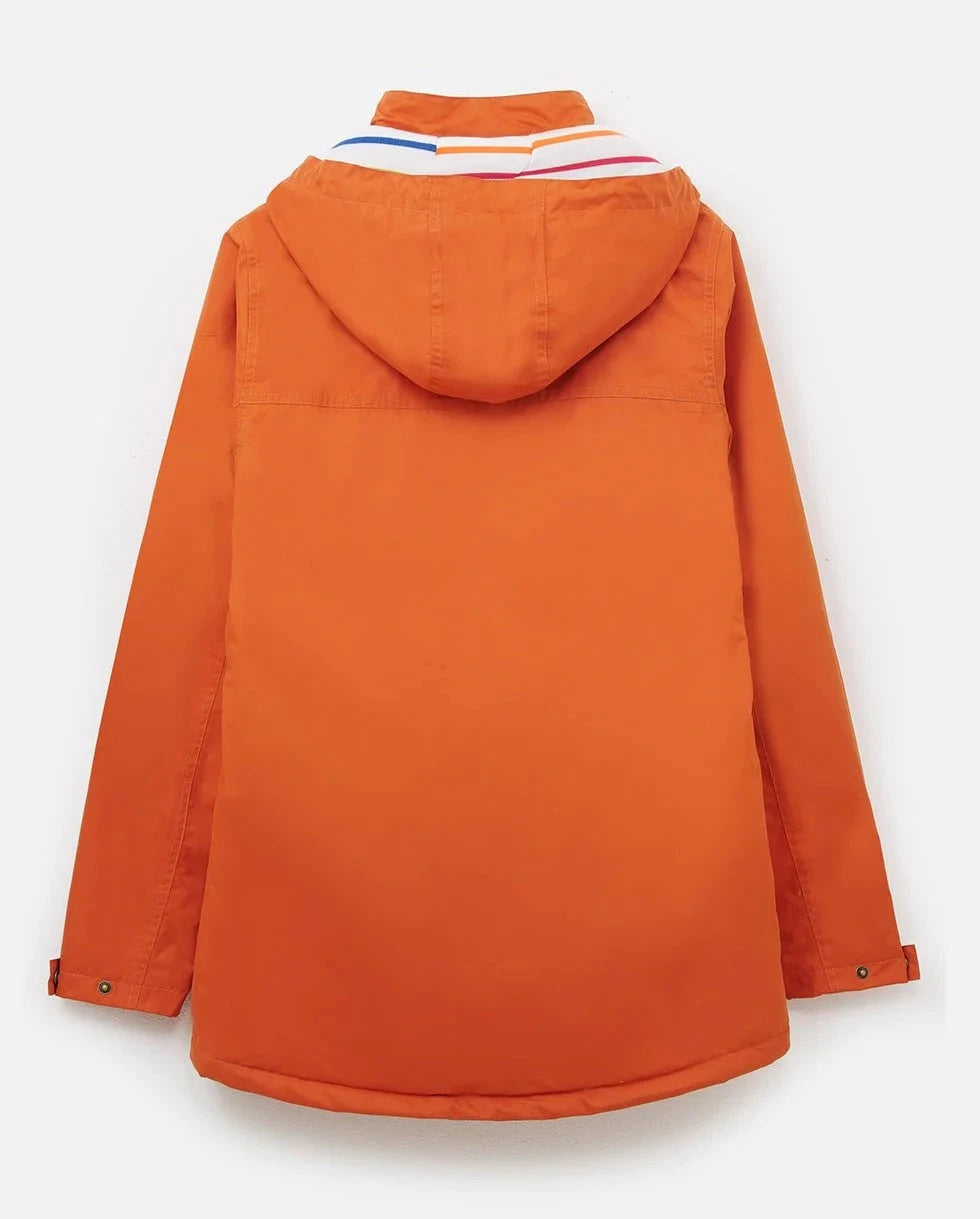 Lighthouse women's Burnt Orange waterproof Eva paddded coat with multicoloured stripe lining.
