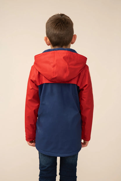 Kids waterproof Adam style rain jacket from Lighthouse in navy with a red top.