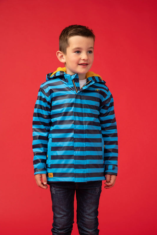 Kids Lighthouse waterproof Adam jacket in Olympic Blue and Eclipse Navy stripe pattern.