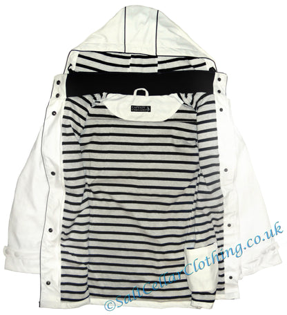 Stripy lined women's nautical style waterproof raincoat from Captain Corsaire in white.
