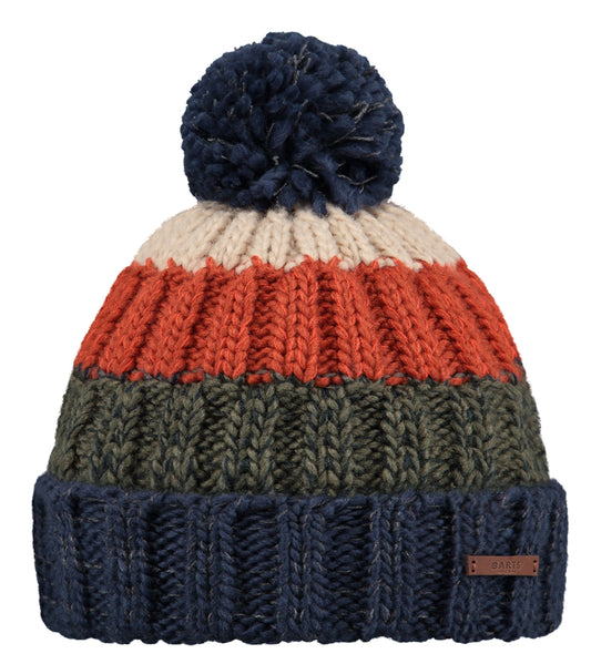 A Barts Wilhelm knitted beanie bobble hat in a navy blue, green, orange and beige stripe pattern on a white background.