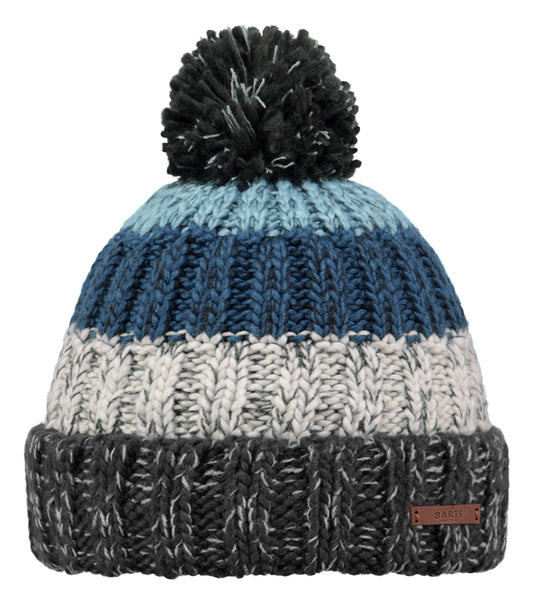 Adults Wilhelm bobble beanie knitted hat from Barts in Charcoal Grey and Blue stripe pattern.