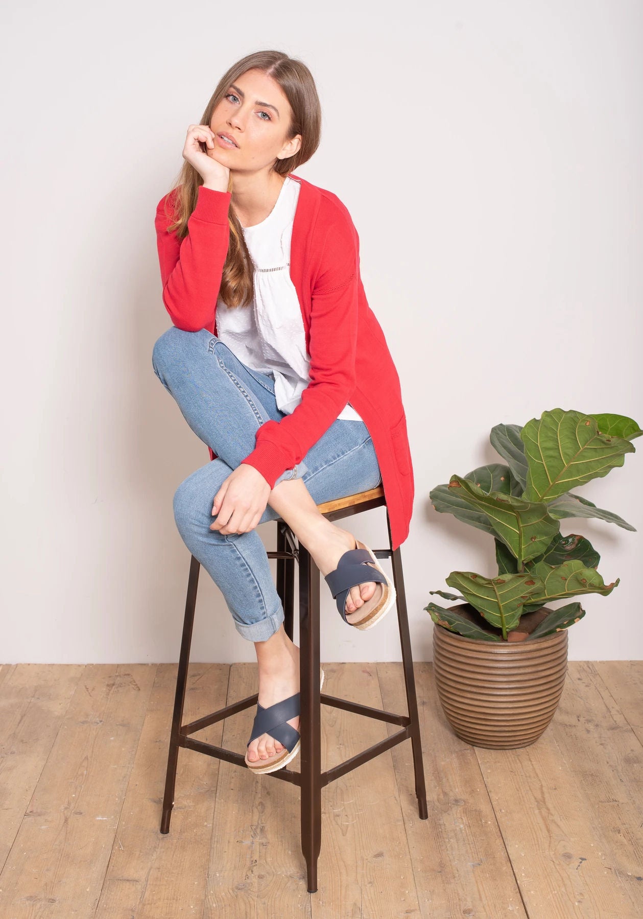 Brakeburn Womens Pointelle Long Cardigan - Red