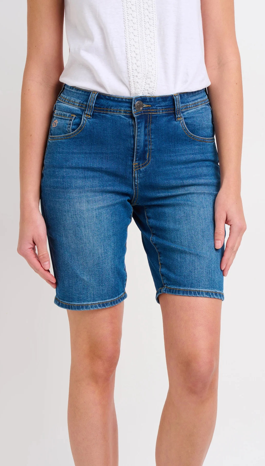 Brakeburn womens blue denim shorts mid-length with classic five-pocket design