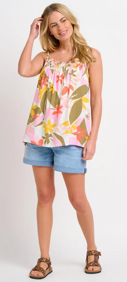Brakeburn womens tropical print vest with pink and green leaves worn with denim shorts
