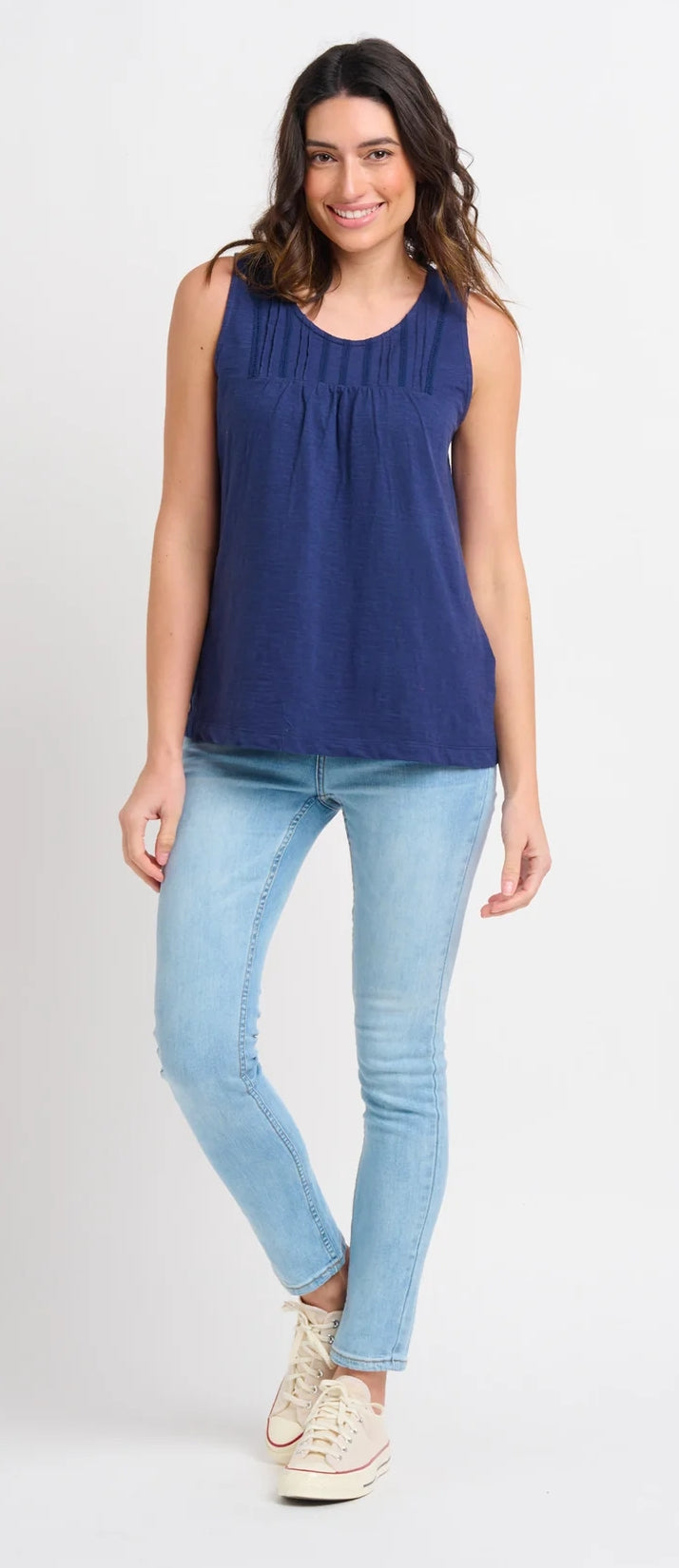 Brakeburn women's Alice style vest in Navy with ladder lace and chest pleat detail.
