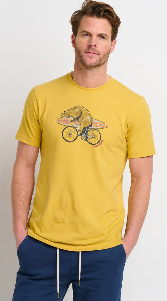 Men's Bear Bike tee from Brakeburn featuring a bear on a bicycle carrying a surfboard print