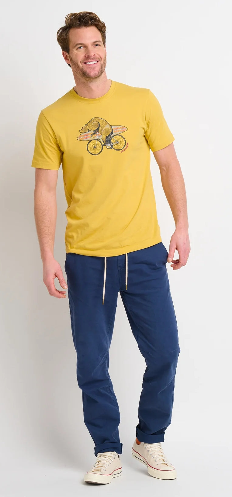 Brakeburn men's tee with a print of a bear on a bicycle with a surfboard