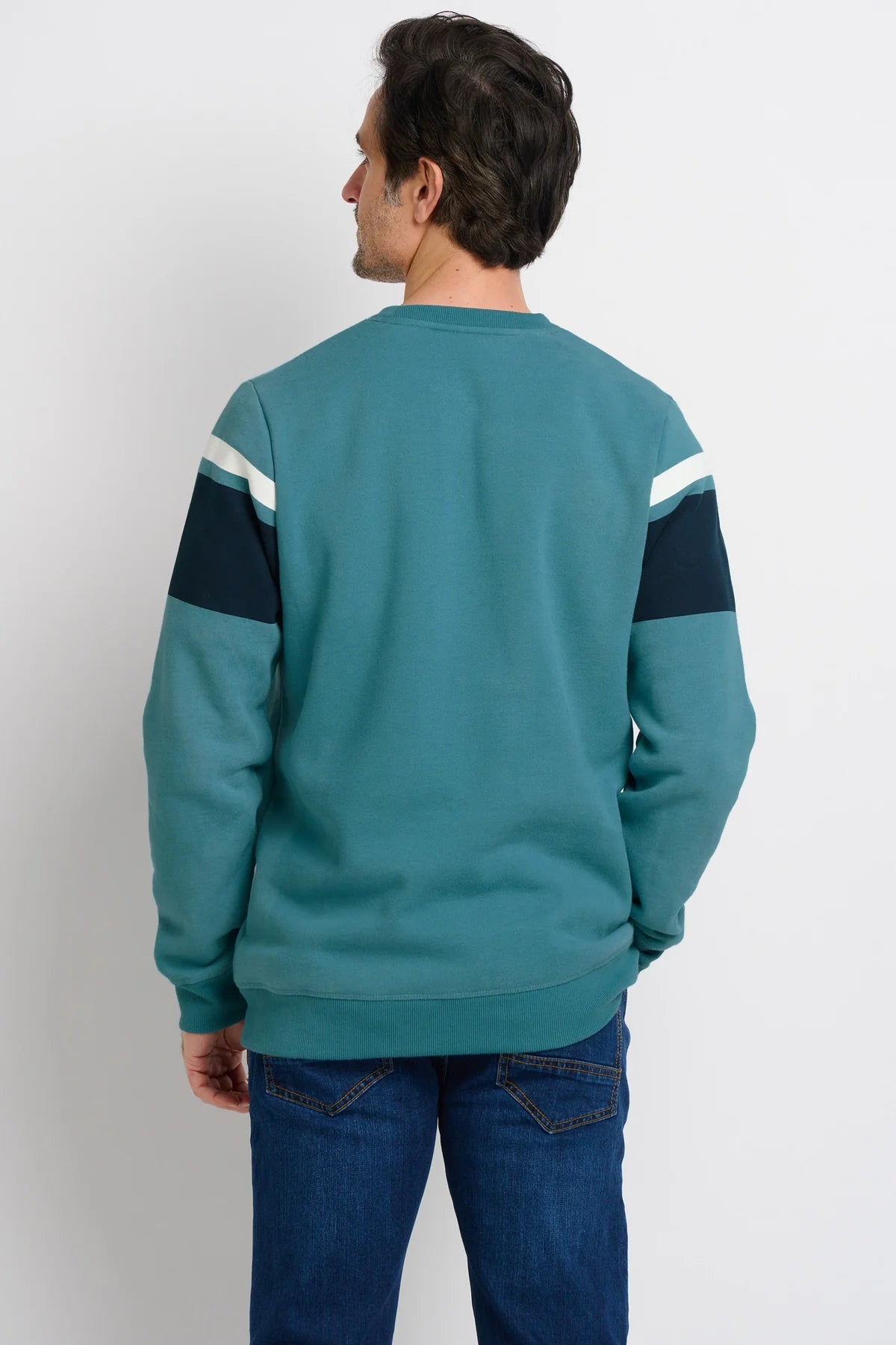 Men's blue crew neck sweatshirt with navy and white chest stripes from Brakeburn