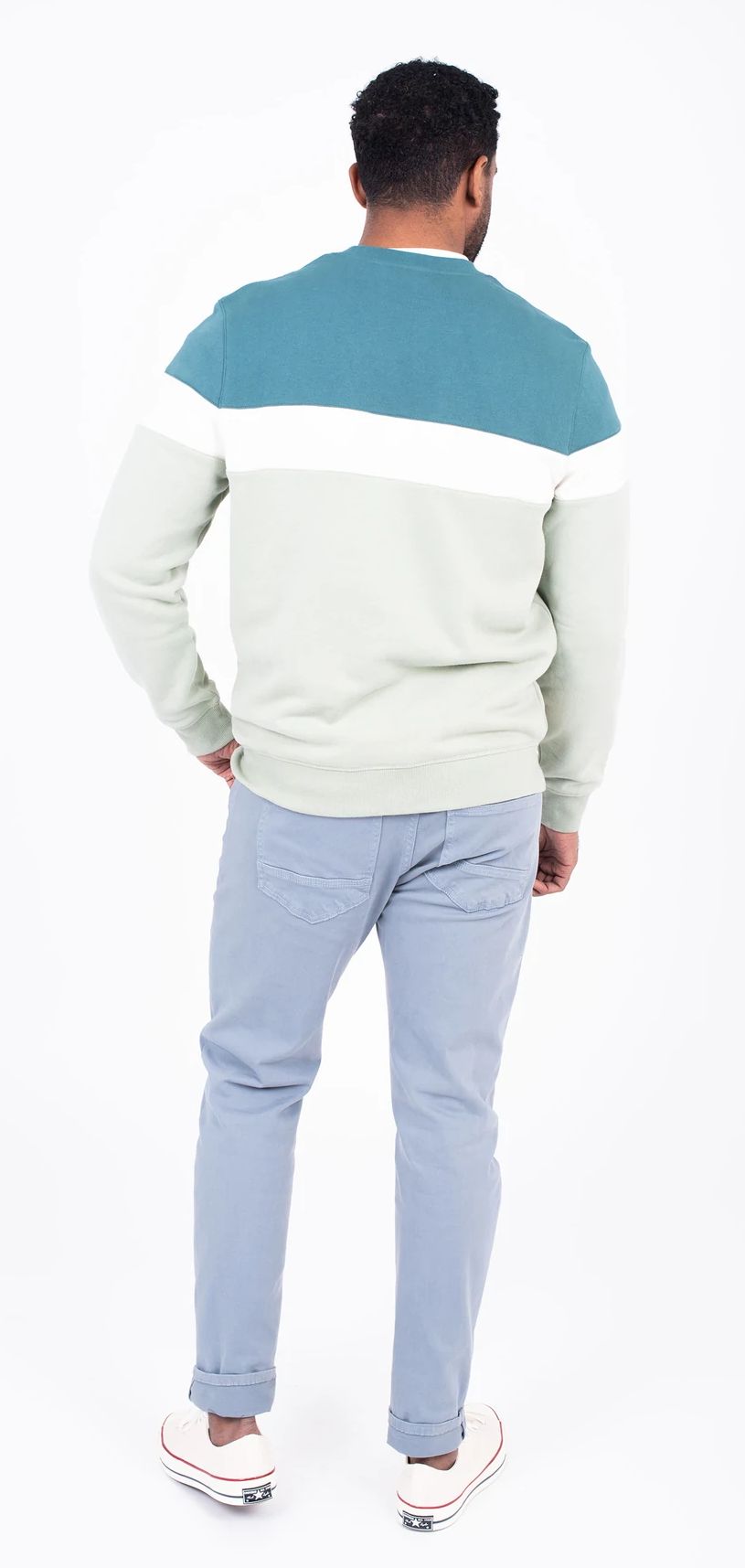 A teal, green and blue block stripe men's crew neck sweatshirt from Brakeburn.