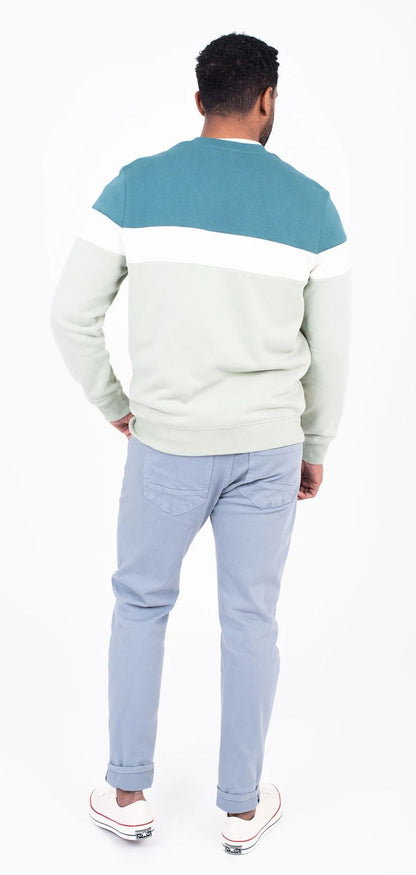 A teal, green and blue block stripe men's crew neck sweatshirt from Brakeburn.