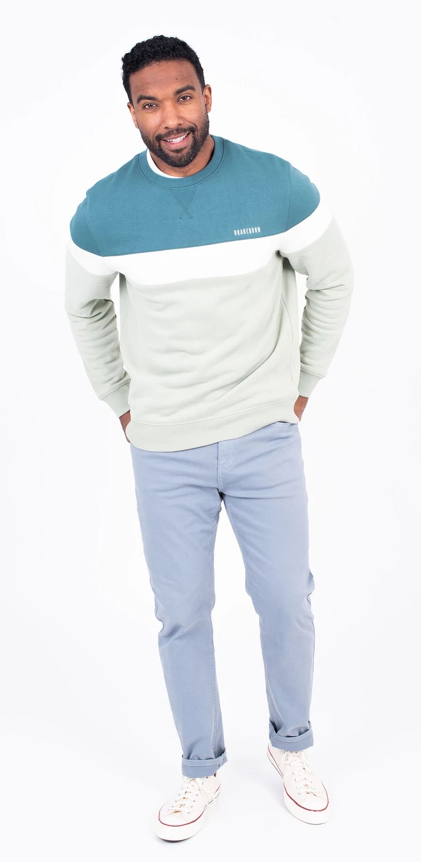 A teal / blue, white and green block stripe pattern crew neck men's sweatshirt from Brakeburn