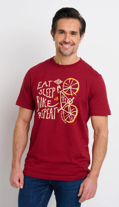 Men's Eat Sleep Bike Repeat printed t-shirt from Brakeburn in burgundy red.