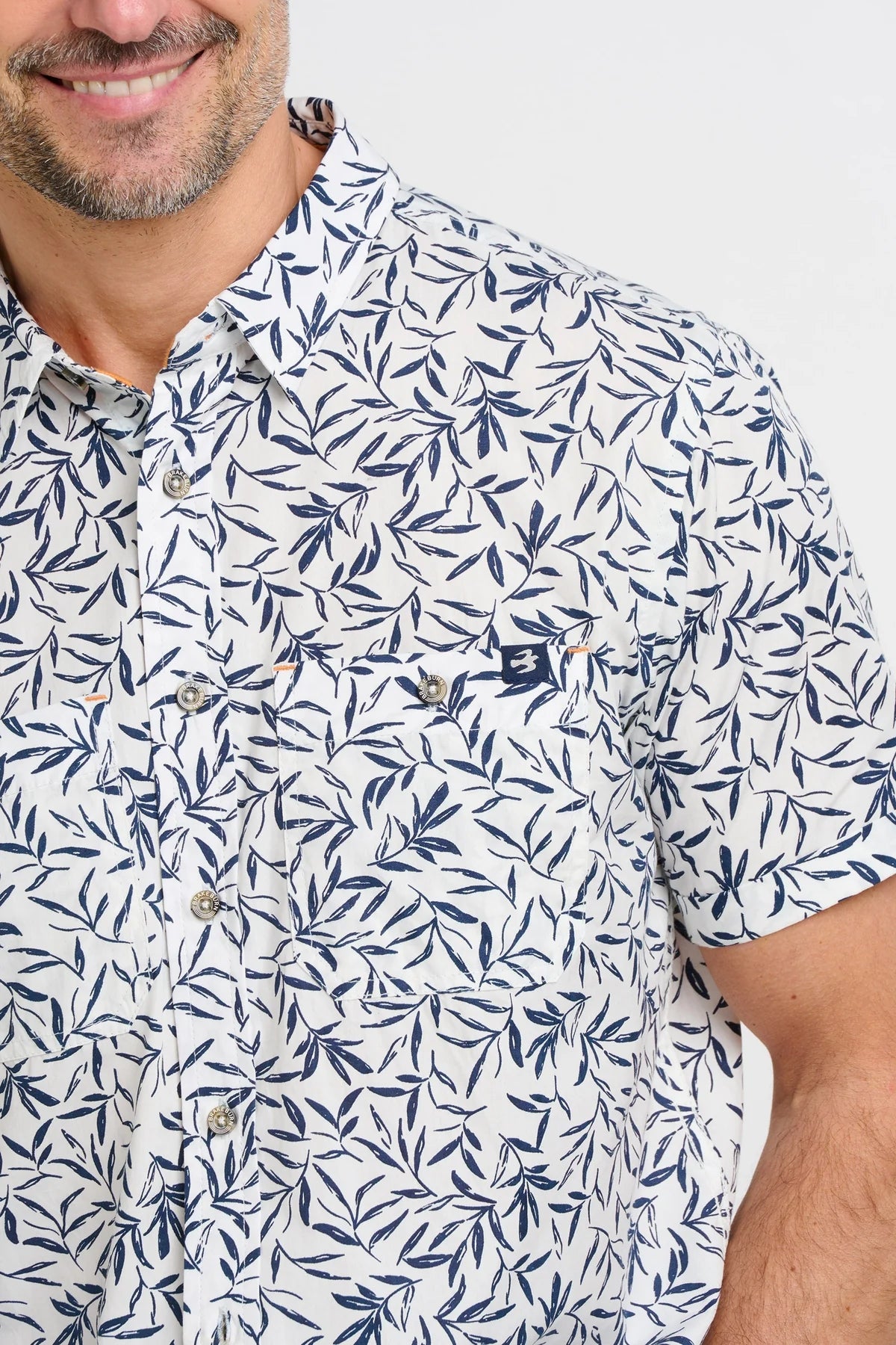 Brakeburn Mens Leaf Short Sleeve Shirt - White / Blue