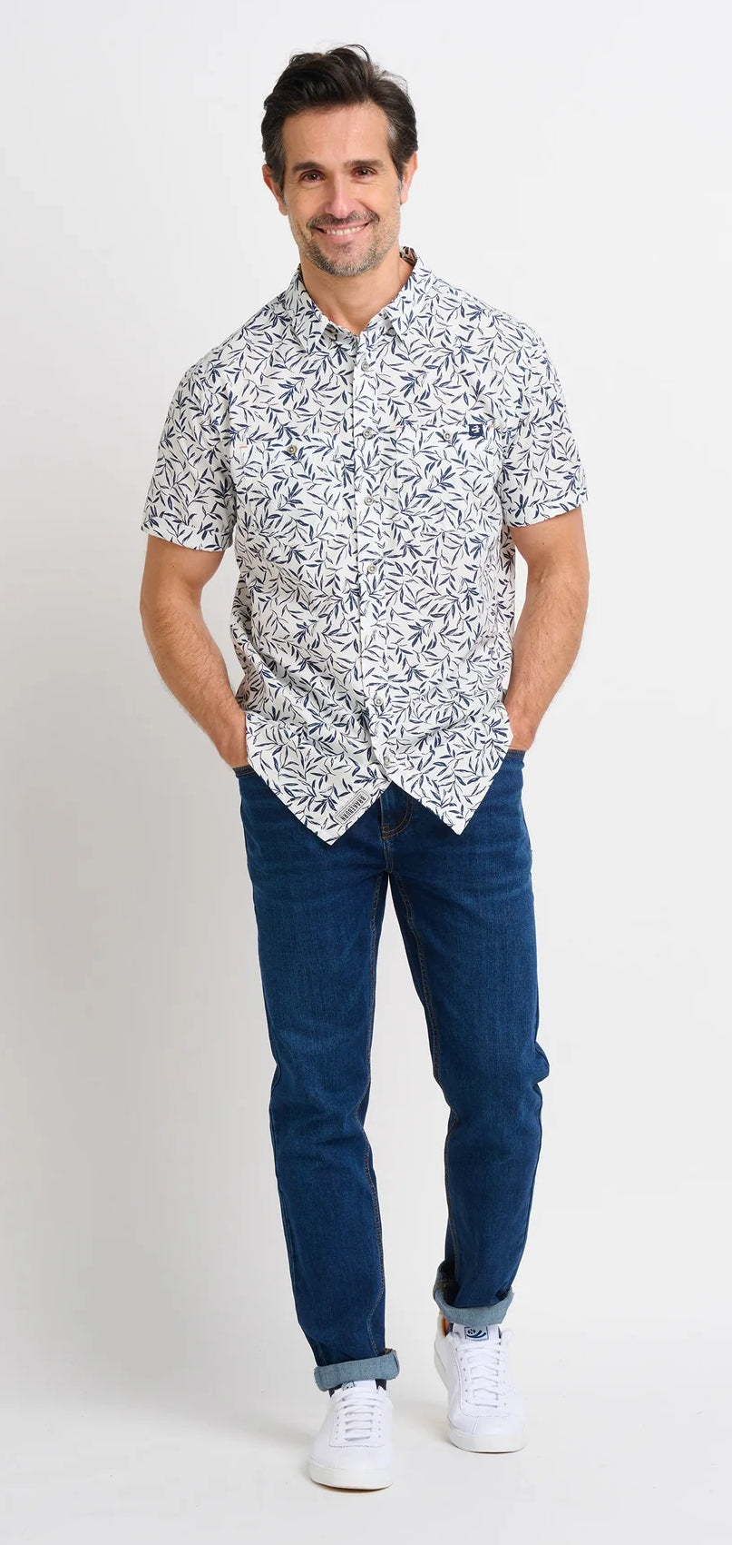 Brakeburn Mens Leaf Short Sleeve Shirt - White / Blue