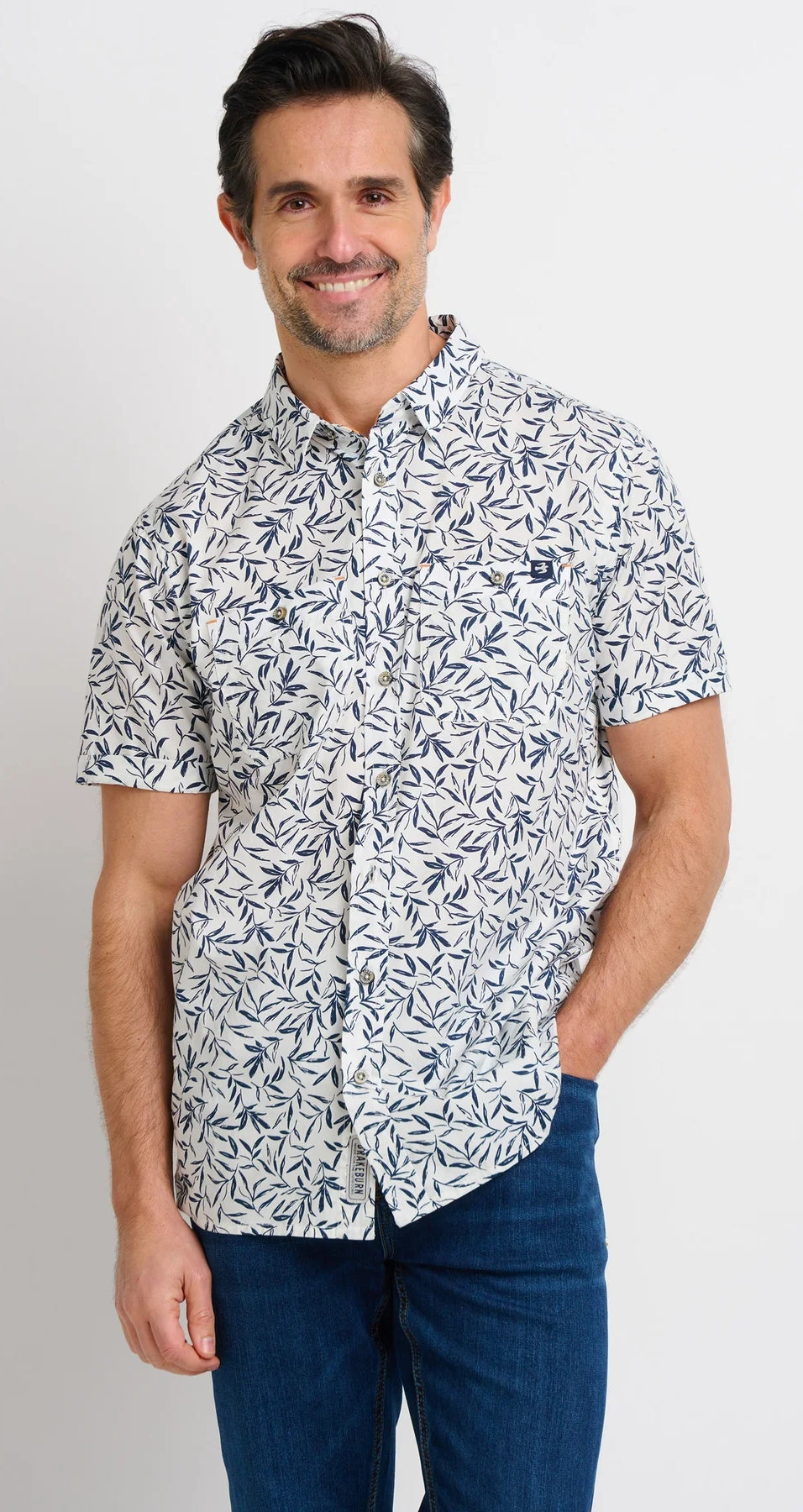Brakeburn Mens Leaf Short Sleeve Shirt - White / Blue