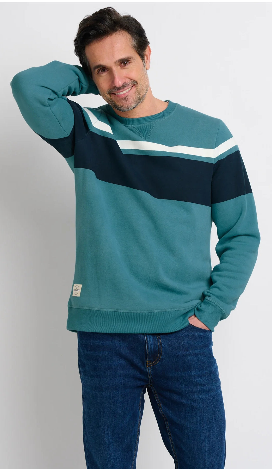 Men's crew neck sweatshirt with panel stripes across the chest and sleeves from Brakeburn