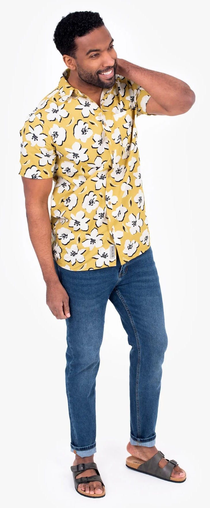 A short sleeve men's shirt from Brakeburn in yellow with a white floral pattern