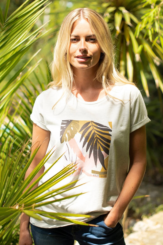 A women's Abstract Palm tropical leaf print t-shirt from Brakeburn