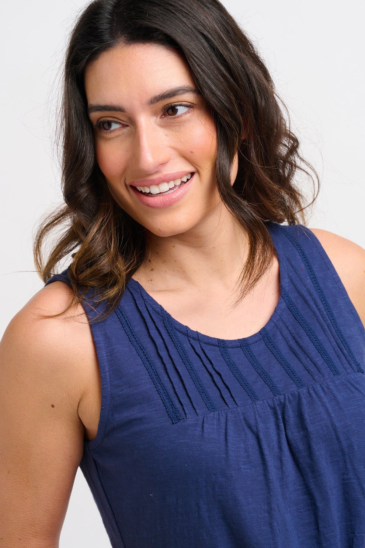 Brakeburn women's Alice vest with laddder lace and chest pleat detail in Navy Blue.